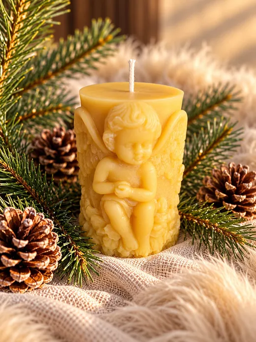 Cylindrical beeswax candle with an angel relief