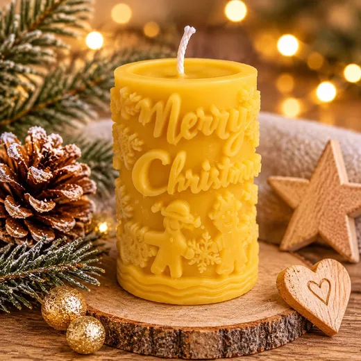 Velká válcová svíčka ze včelího vosku s reliéfem Merry Christmas, dřevěná hvězda a srdce