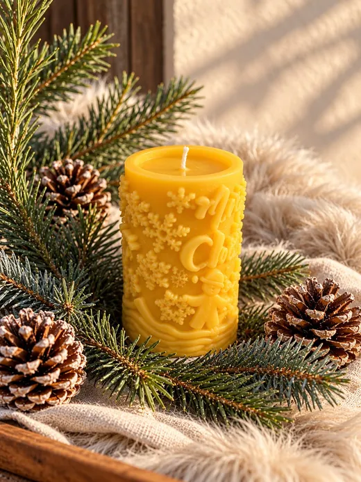 Cylindrical beeswax candle with a Christmas relief and snowflakes