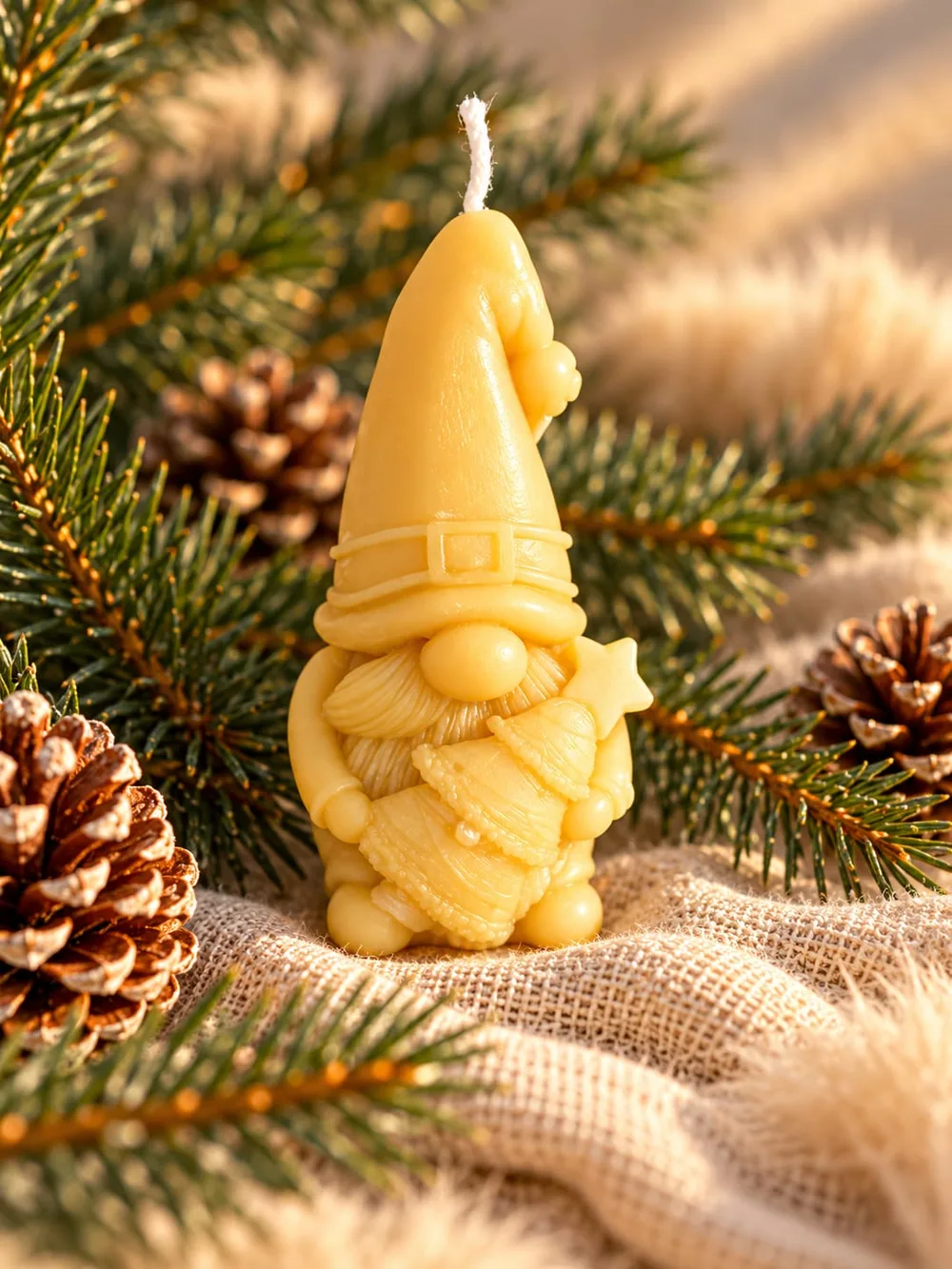 Bienenwachskerze in Form eines Weihnachtswichtels mit Zipfelmütze