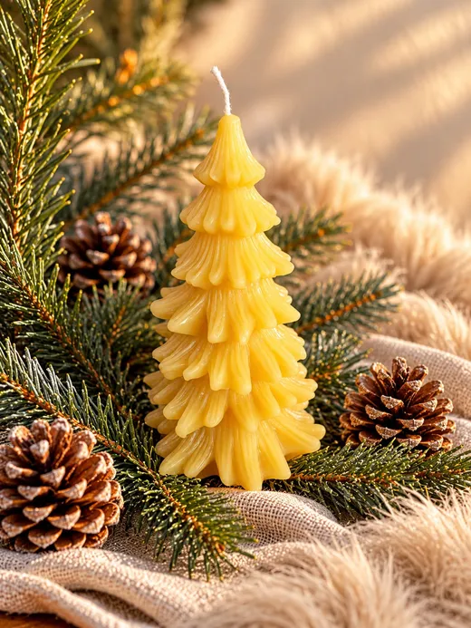 Beeswax candle shaped like a Christmas tree